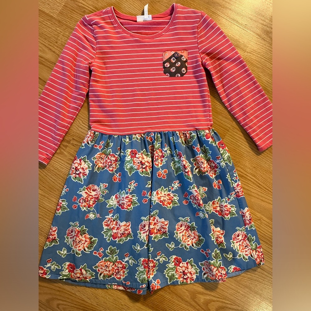 Matilda Jane Dress Coral striped top, floral bottom. Size 12